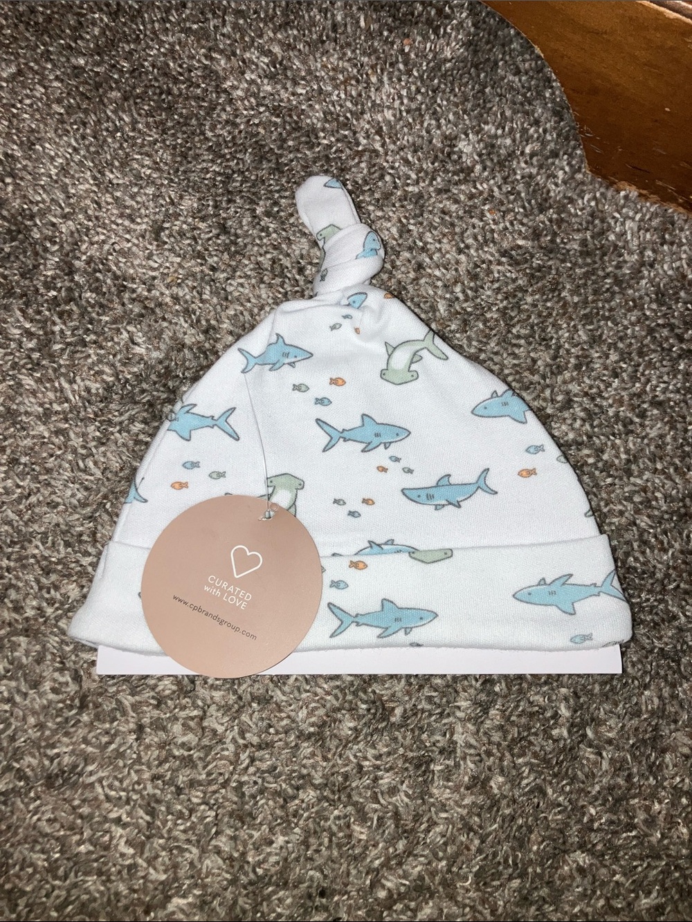 Baby Knot Hat with Blue Shark Print - White